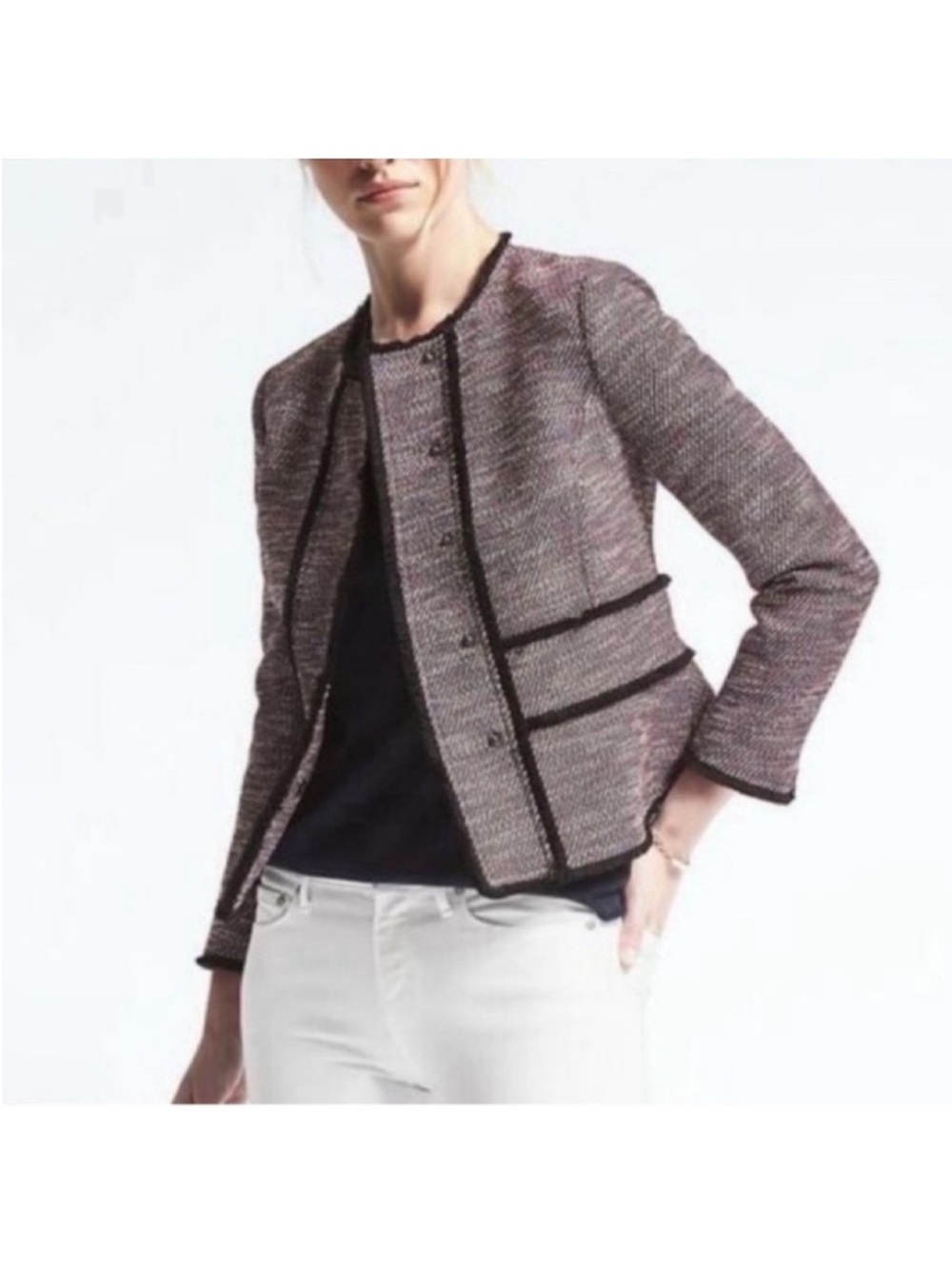 Banana Republic Tweed Crew Blazer Jacket/Coat Sz 12 Fringe Edges Multicolor